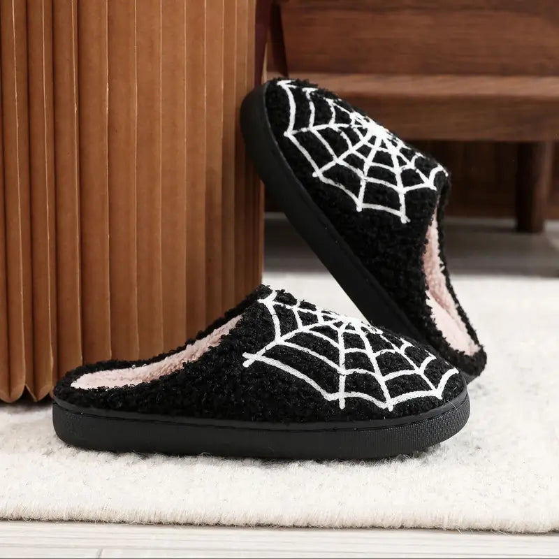 Halloween Spider Web Pattern Plush Woolen Cotton Indoor Slippers - Non-Slip Comfortable Shoes for Men & Women