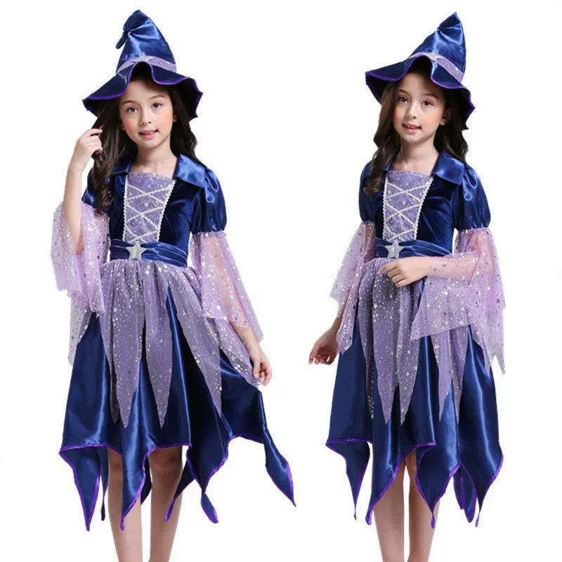 Girls Witch Costume Dress with Hat, Wand & Bag for Halloween Party Kids Cosplay
