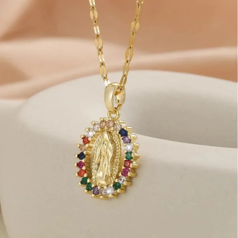 Gorgeous Women's Sky Star Micro Inlaid Zircon Necklace with Virgin Mary Pendant