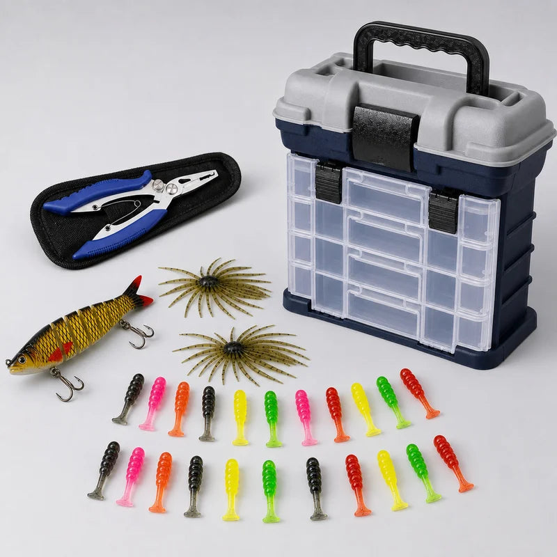 Fishing Tackle Box Kit with Pliers and Lures - Portable Multi-Compartment Organizer