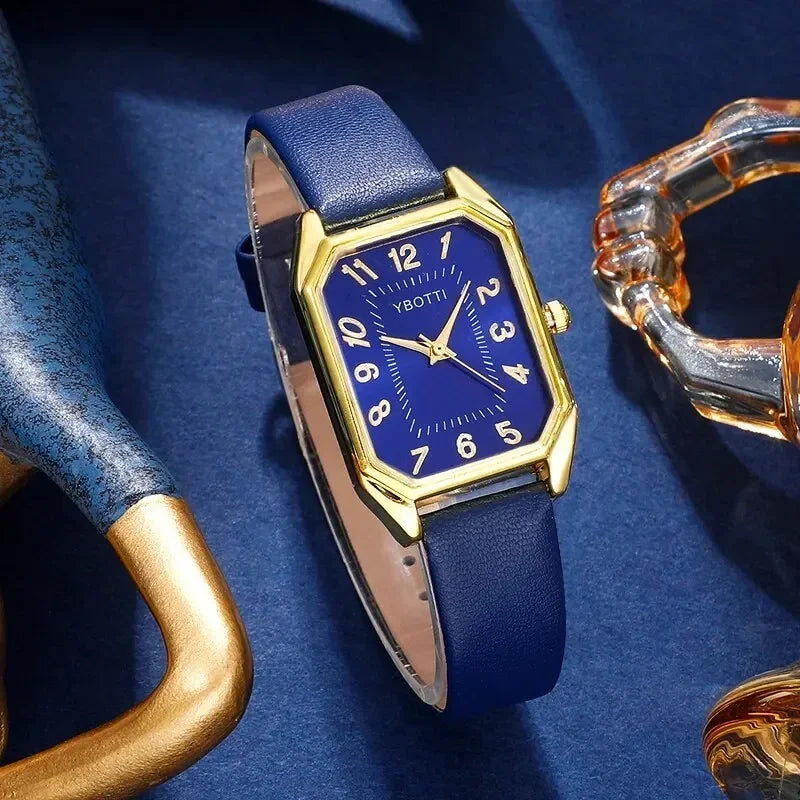 Luxury Women's Square Watch with Blue Leather Band - Classic Quartz Femininine Wristwatch