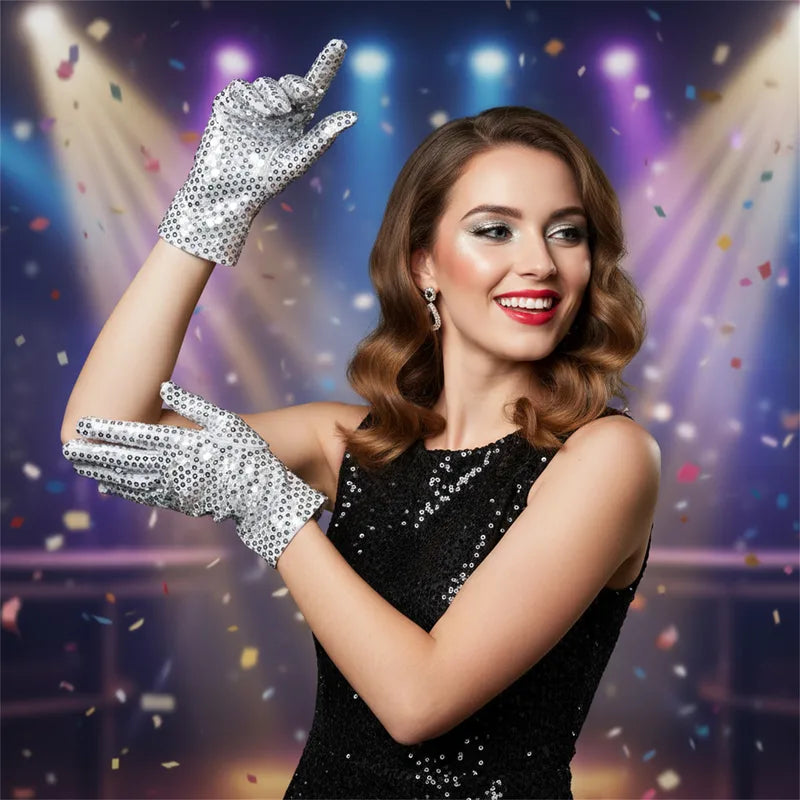 Silver Glitter Mesh Dance Gloves - Sparkly Stage Performance Accessories