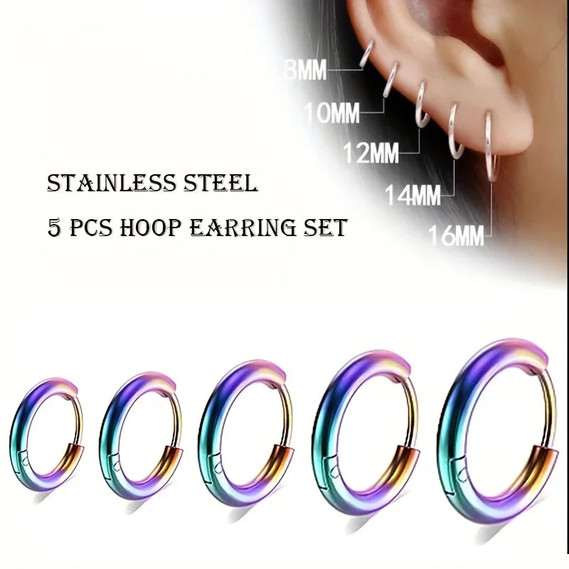 Men's Stainless Steel Hoop Earrings Set - Multiple Colors & Finish Options