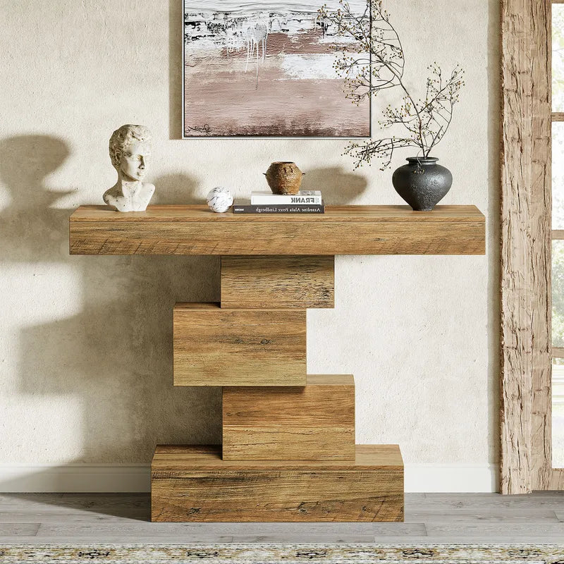 Farmhouse Console Table with Geometric Base - Narrow Wood Entryway & Sofa Accent