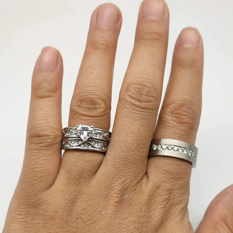 Fashion Couple Rings Set Men's CZ Stainless Steel & Women's Heart Cut Crystal Engagement Jewelry