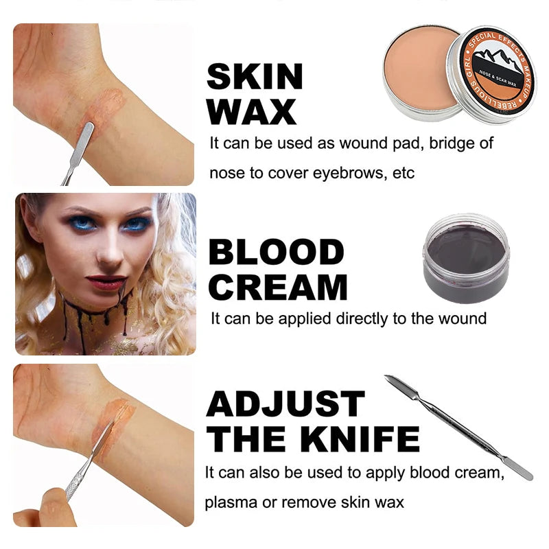 Halloween Special Effects Makeup Kit with Wax Scars & Wounds - Multiple Colors