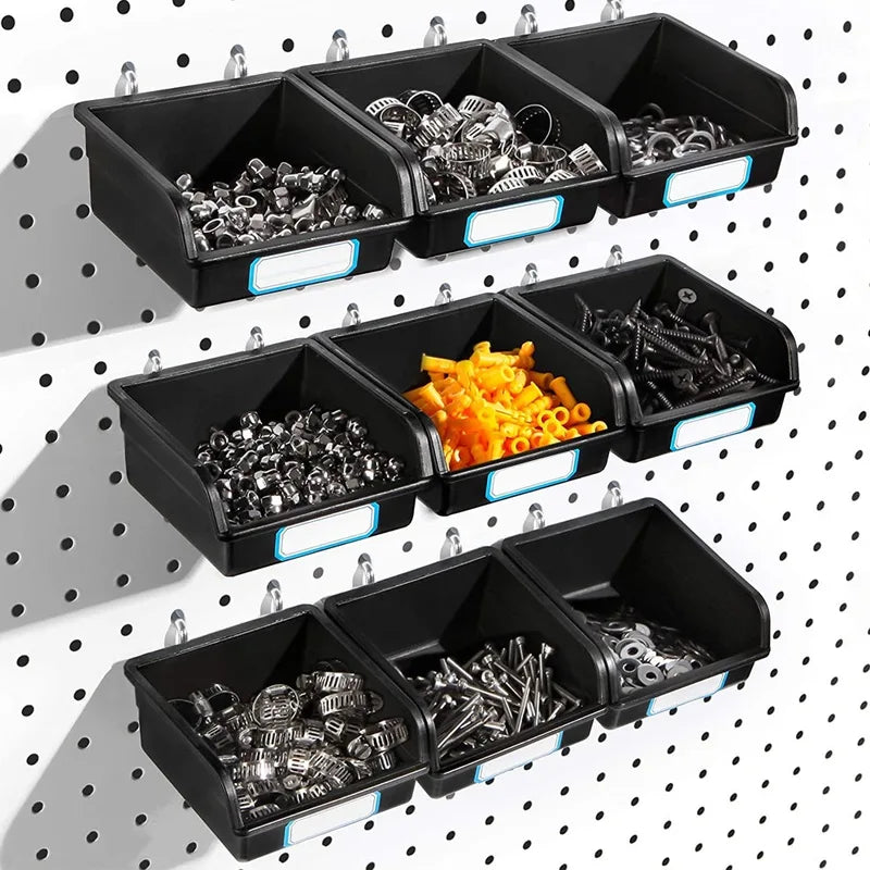 Pegboard Organizer Bins with Hooks and Labels - Workshop Garage Storage Set