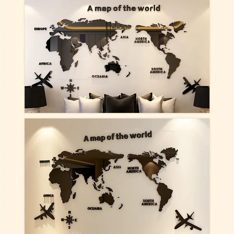 3D Wall Decal World Map Acrylic Sticker for Office Living Room Study Interior Decoration