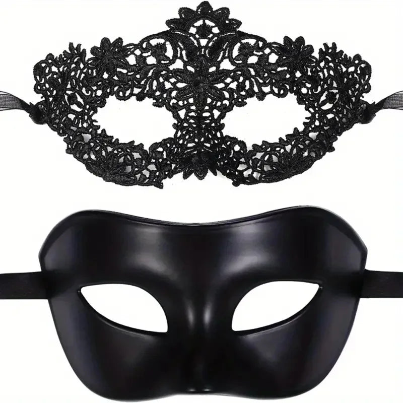 Elegant Black Lace & Matte Half-Face Mask Set for Couples - Venetian Party, Mardi Gras, Halloween