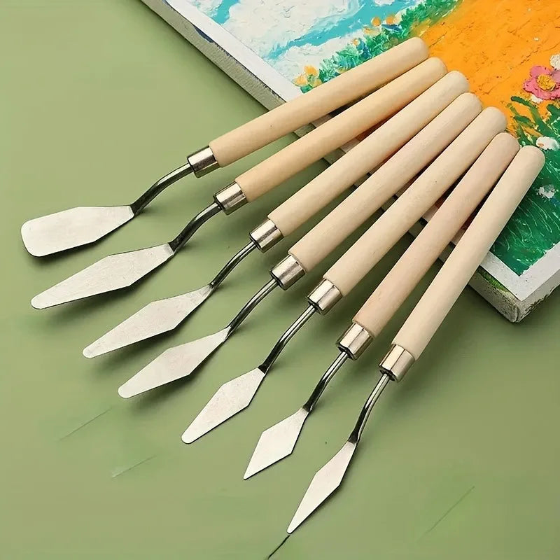 Art Oil Painting Spatula Palette Knife Set - Wooden Flat Head & Pointed Steel Pick