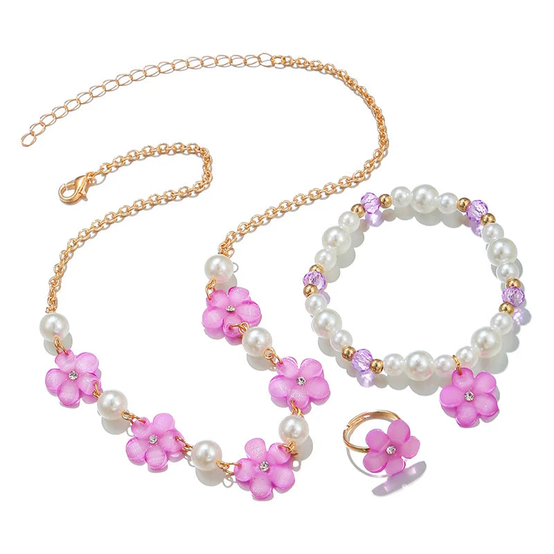 Kids Jewelry Set 3Pcs Flower Charm Necklace Bracelet Ring for Girls and Daughters