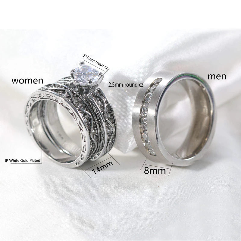 Fashion Couple Rings Set Men's CZ Stainless Steel & Women's Heart Cut Crystal Engagement Jewelry
