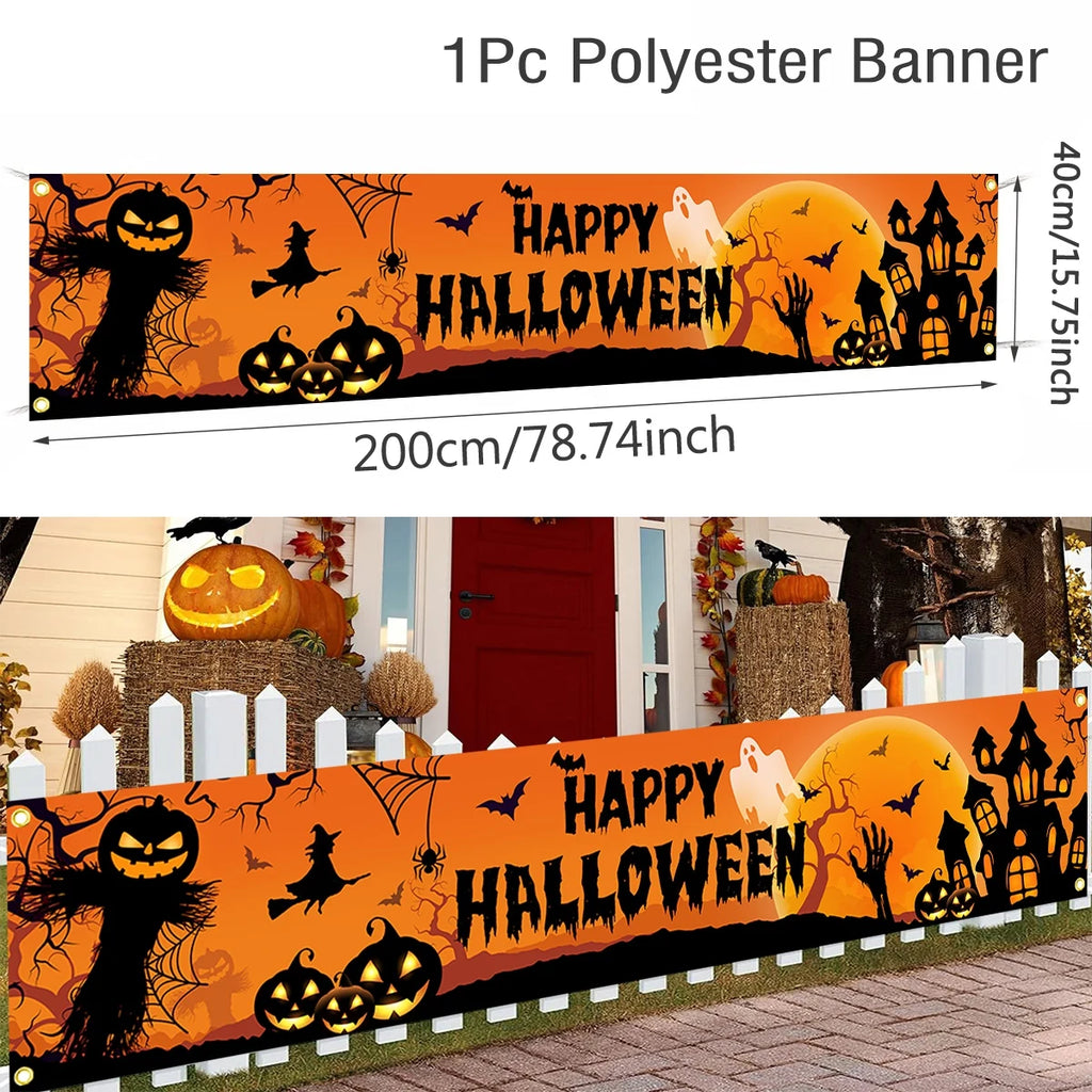 Halloween Outdoor Banner Decoration - Pumpkin & Bat Print Backdrop for Parties