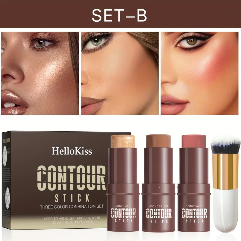 4-Piece Cream Contour and Blush Stick Kit with Contour Brush - Non-Greasy Face Makeup
