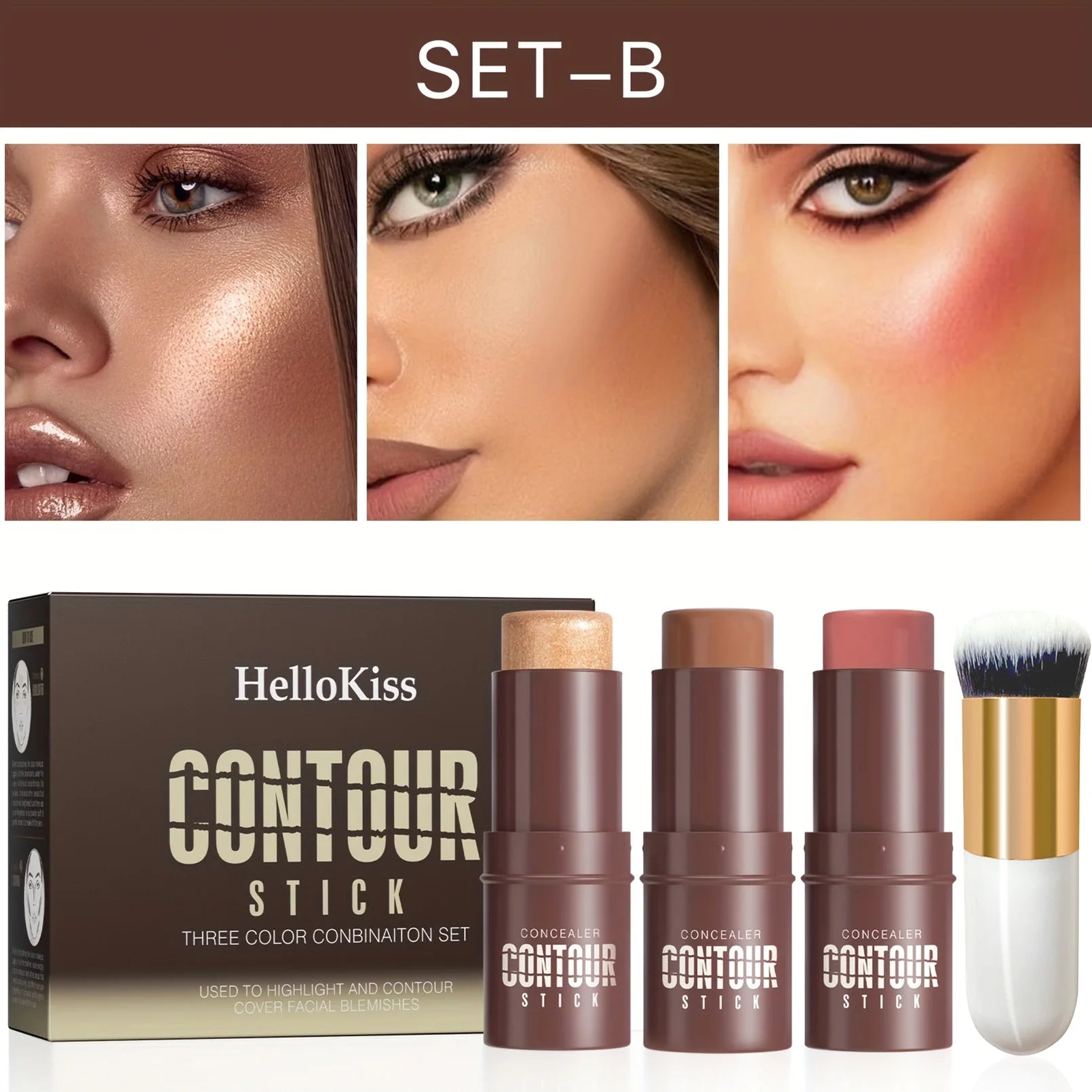 4-Piece Cream Contour and Blush Stick Kit with Contour Brush - Non-Greasy Face Makeup