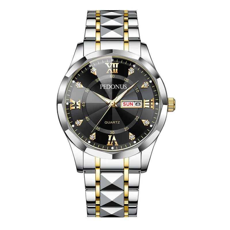 Men's Business Quartz Wristwatch with Steel Band Dual Calendar High Quality