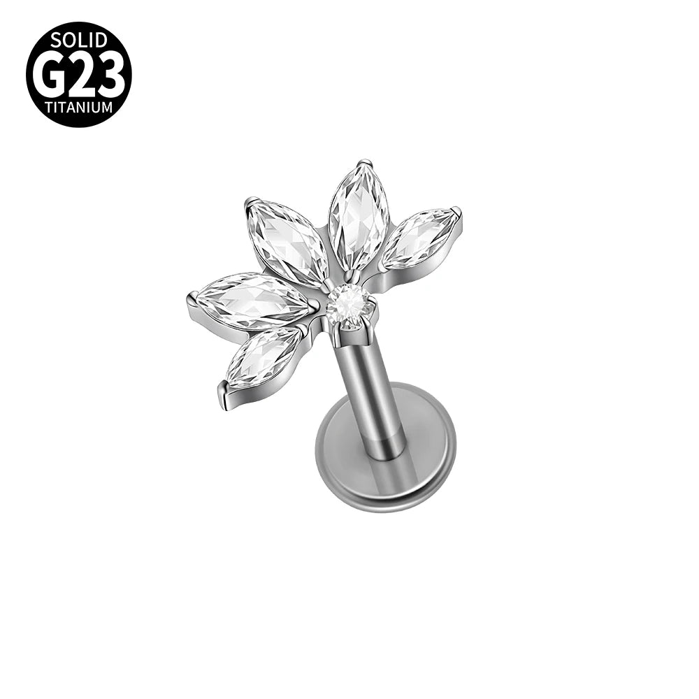 Titanium Labret Lip Piercing Ring with Zircon Flower 16G – Hypoallergenic Jewelry
