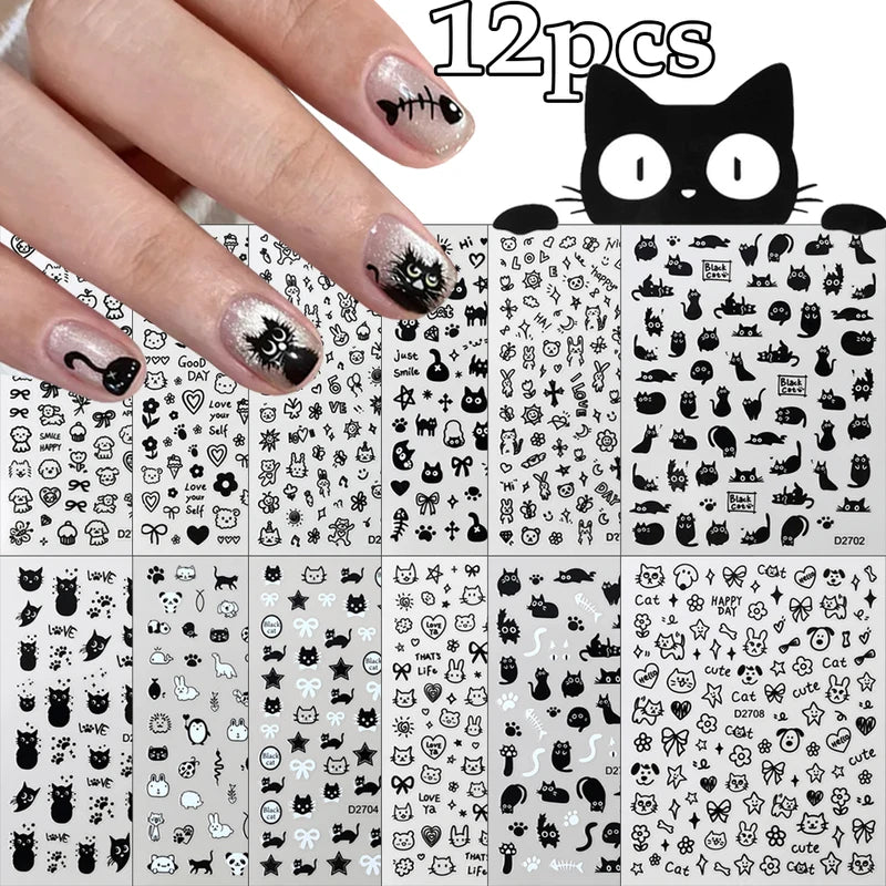 Cartoon Black Cat Nail Stickers Set - Kawaii Puppy Kitten Nail Art Decals