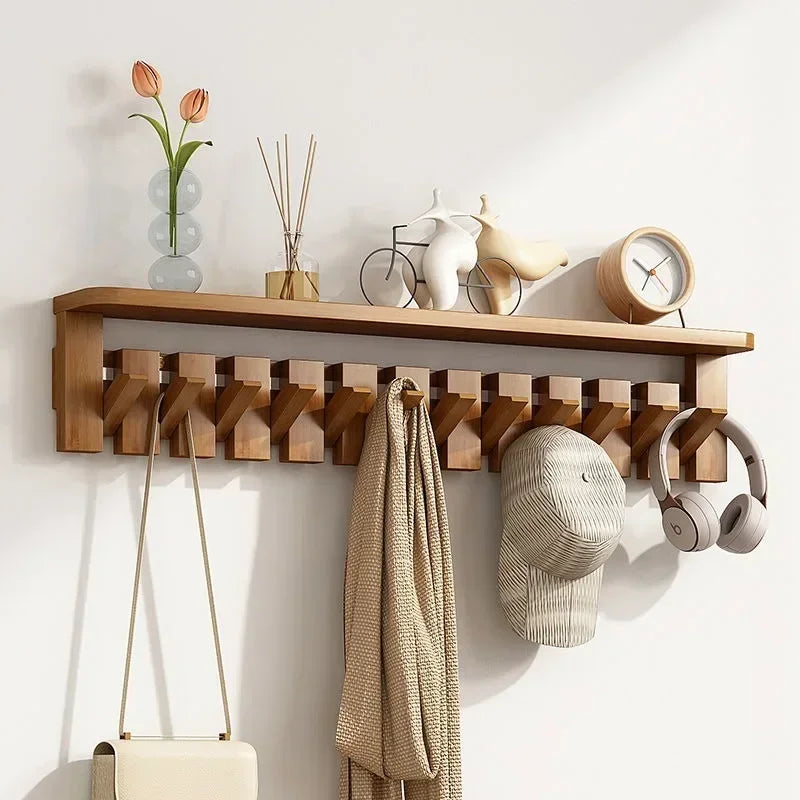 Solid Wood Wall Clothes Hanger Rack with Storage Shelf for Living Room Bedroom
