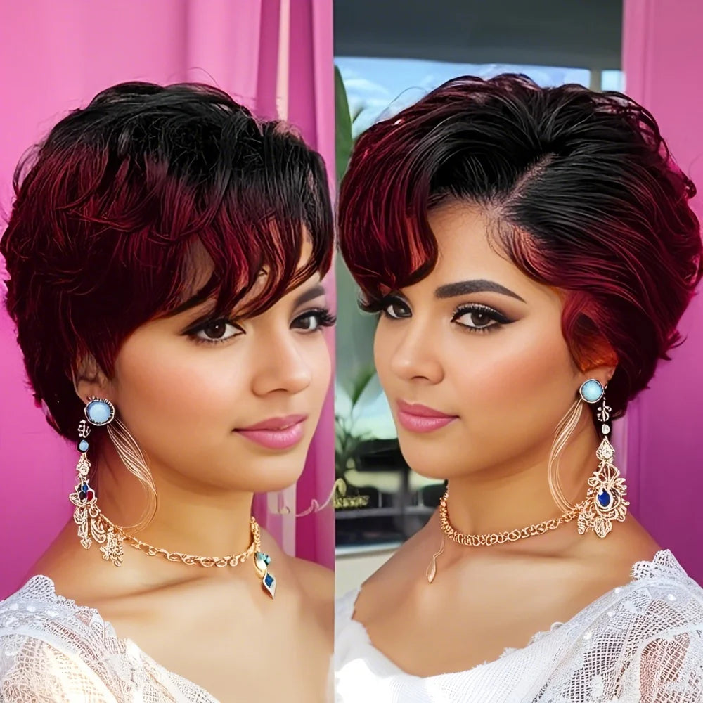 13x4 Lace Front Human Hair Wig Short Pixie Cut with Bangs & Natural Wave