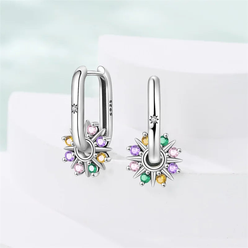 Sterling Silver Four Leaf Clover Hoop Earrings with Colored Zircon for Women