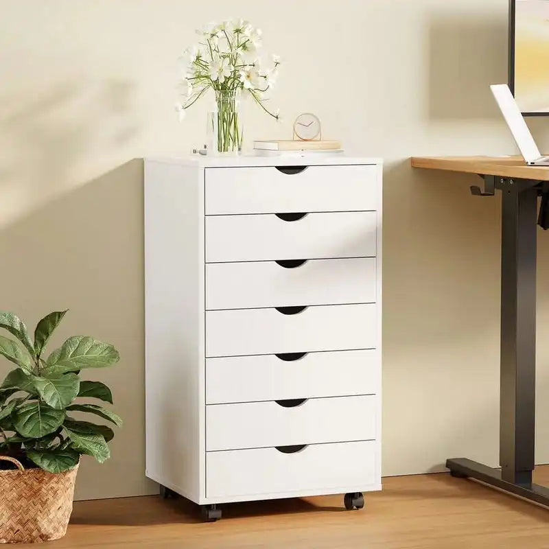7-Drawer Portable Storage Cabinet on Wheels for Office Bedroom Organization, White