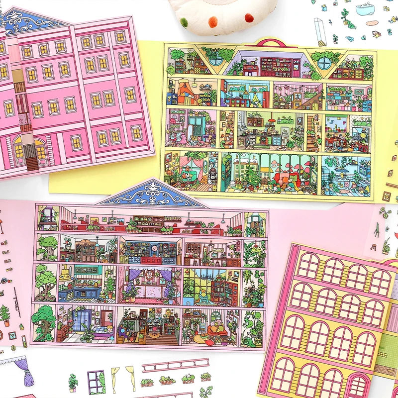 Kawaii Doll Apartment 3D Pink Hotel Landscape Sticker DIY Scene Kids Gift