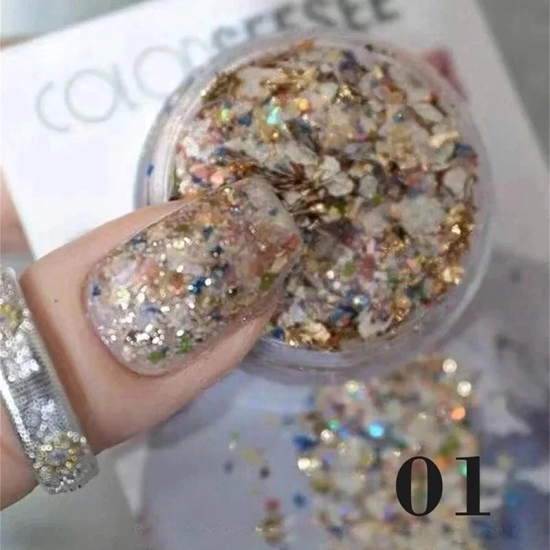 Colorful Shell Nail Powder & Rhinestone Decoration Kit - DIY Nail Art Supplies