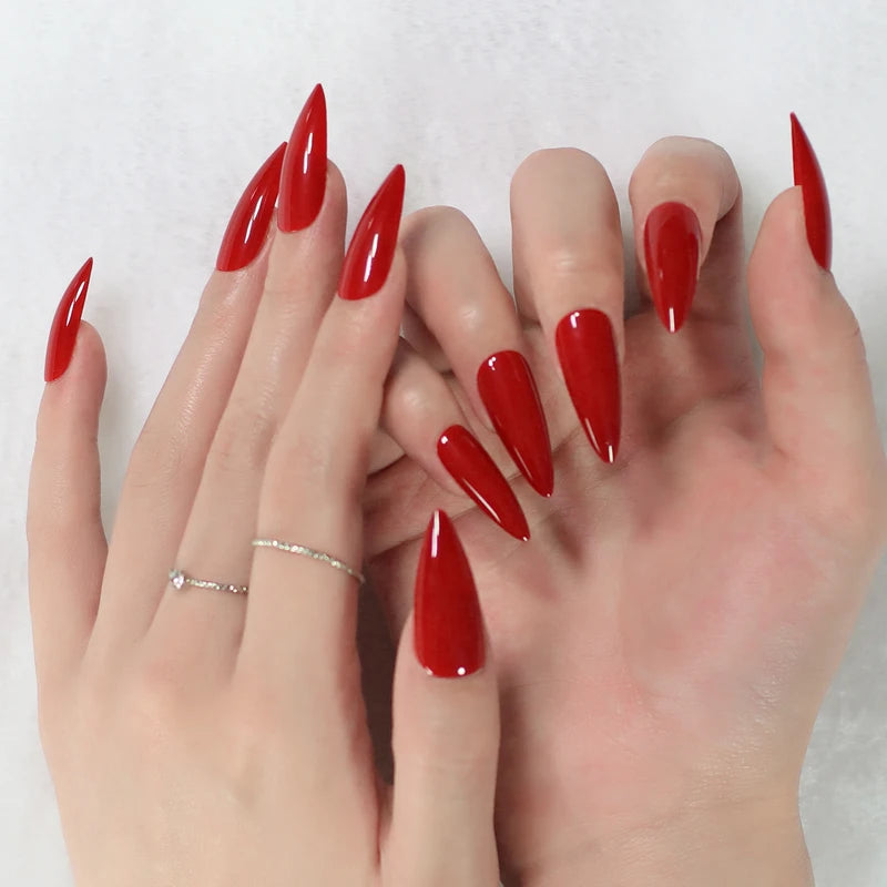 Red Glossy Stiletto Fake Nails - Press On Nails for Manicure
