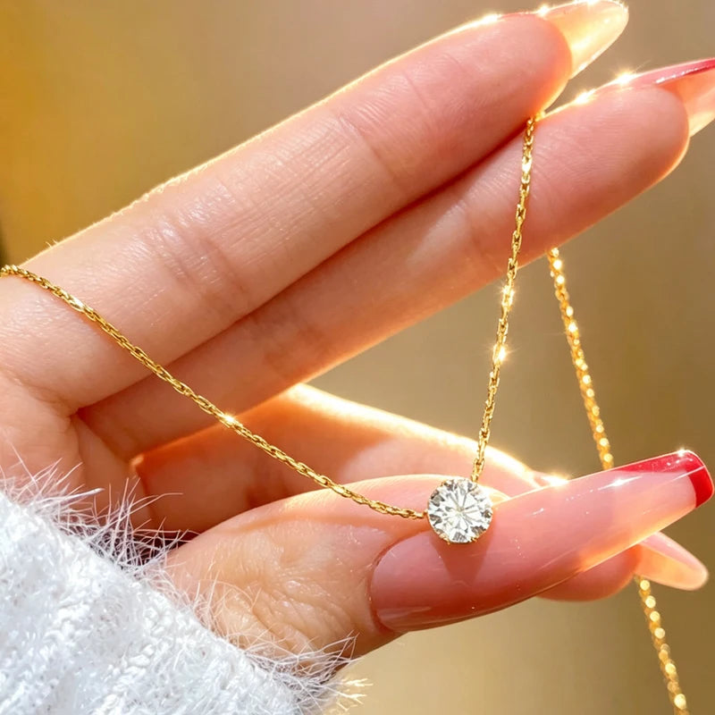 Minimalist Zircon CZ Charm Necklace - Stainless Steel Clavicle Chain Jewelry