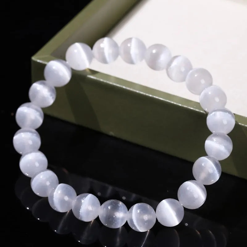 White Selenite Stone Bead Bracelet for Women Men Natural Gypsum Jewelry - Stretch Bangles