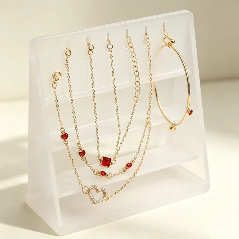 Fashion Layered Bracelet Set with Heart and Square Pendants - Adjustable Jewelry for Women
