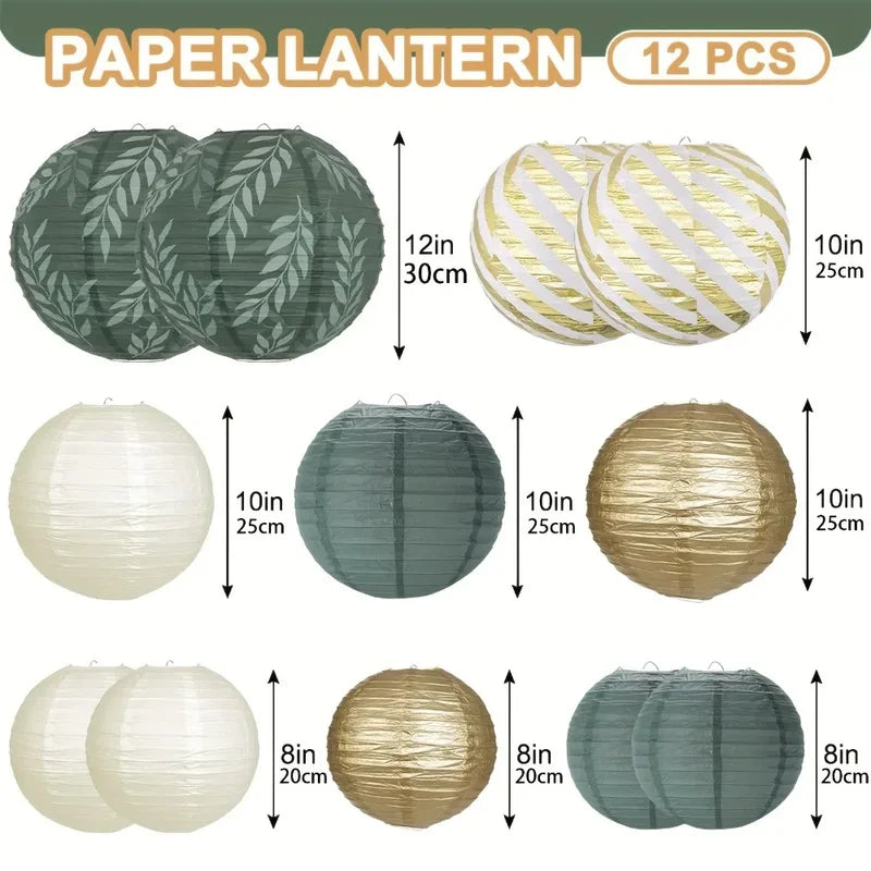 Sage Paper Lantern Set for Wedding Decor and Holiday Backgrounds - Green & Variety Styles