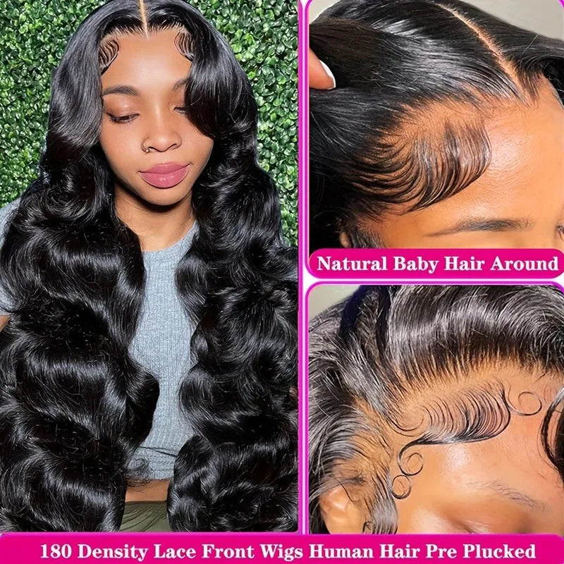 Glueless Human Hair Lace Front Wigs with Body Wave Texture - Pre Plucked, Bleached Knots, 13x4 & 13x6 HD Lace, Natural Black, Various Lengths & Densities