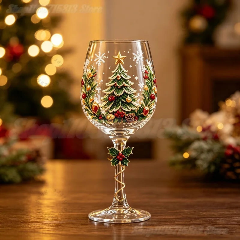 Festive Christmas Wine Glasses Set - 3D Embossed Holiday Goblets for Party Decor