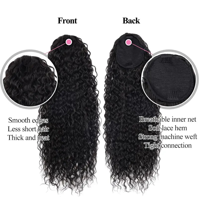 Deep Wave Drawstring Ponytail Extensions 100% Human Hair Natural Black