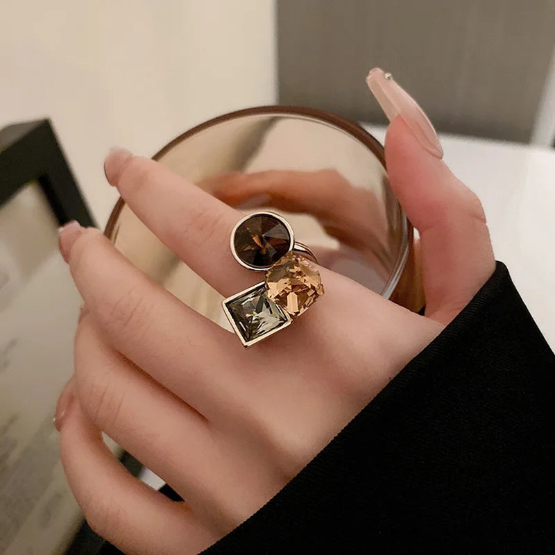 Colorful Zircon Ellipse Multi-Layer Open Mouth Rings for Women - Trendy Creative Jewelry
