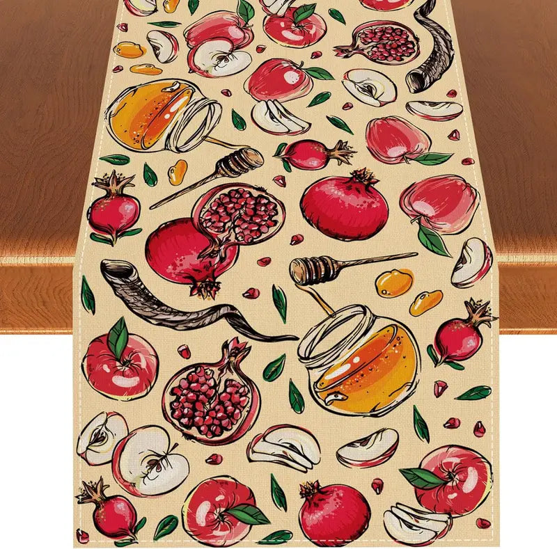 Linen Table Runner for Holidays Weddings & Events - Pomegranate Honey Shofar Design