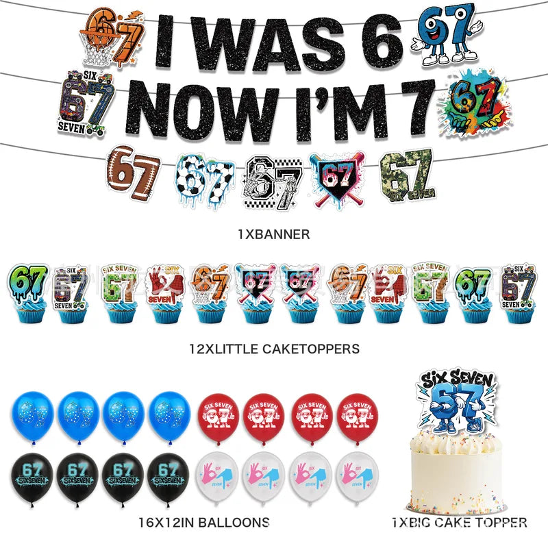 Six-Seven Birthday Party Decorations Balloon Set Banner Cake Topper Party Supplies