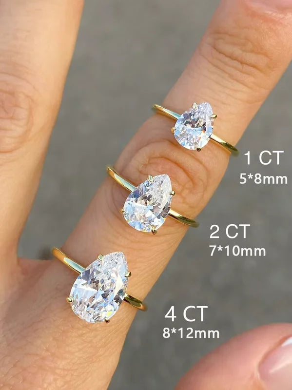 Sterling Silver Zircon Engagement Ring for Women, Sparkling Pear Shape Jewelry
