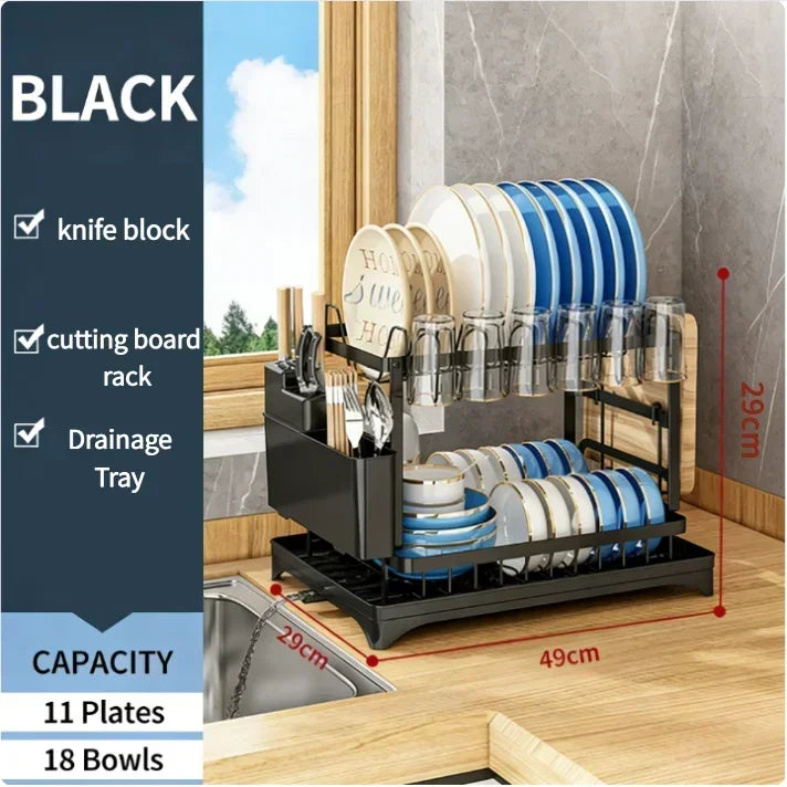Large Capacity 2-Tier Metal Dish Rack with Drain Tray - Kitchen Organizer