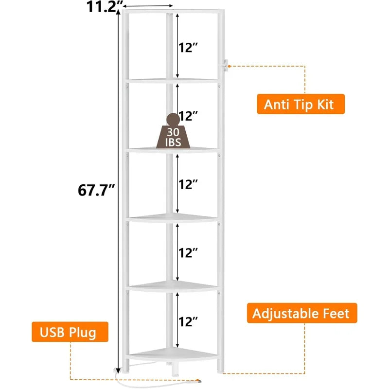 6-Tier Corner Shelf with LED Lights - Tall White Standing Organizer for Home