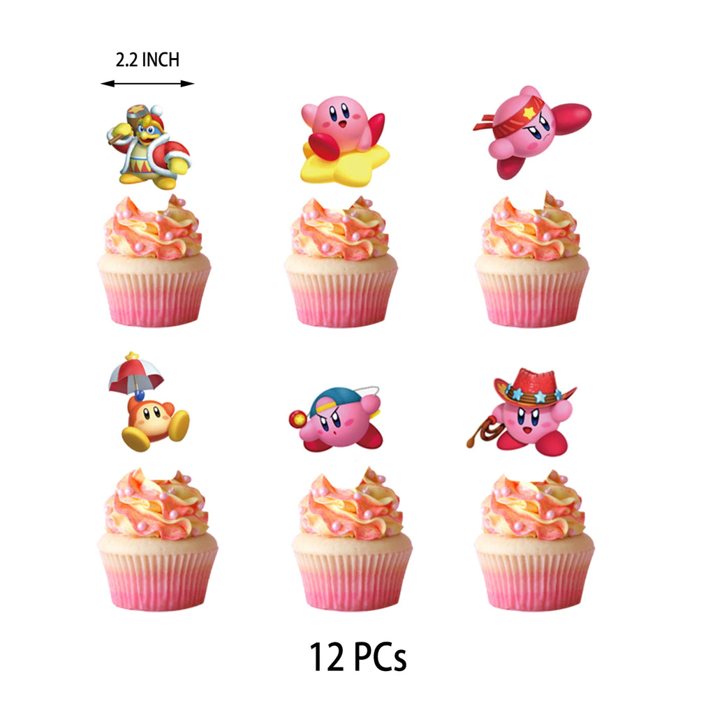 Disposable Birthday Party Cutlery and Plate Set with Banner and Balloons - Kirby Themed Celebration Supplies