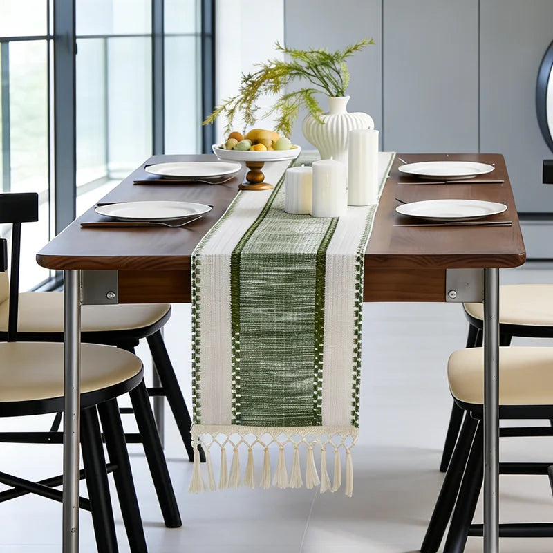 Boho Striped Table Runner with Tassels - Rustic Home Decor for Dining & Coffee Tables
