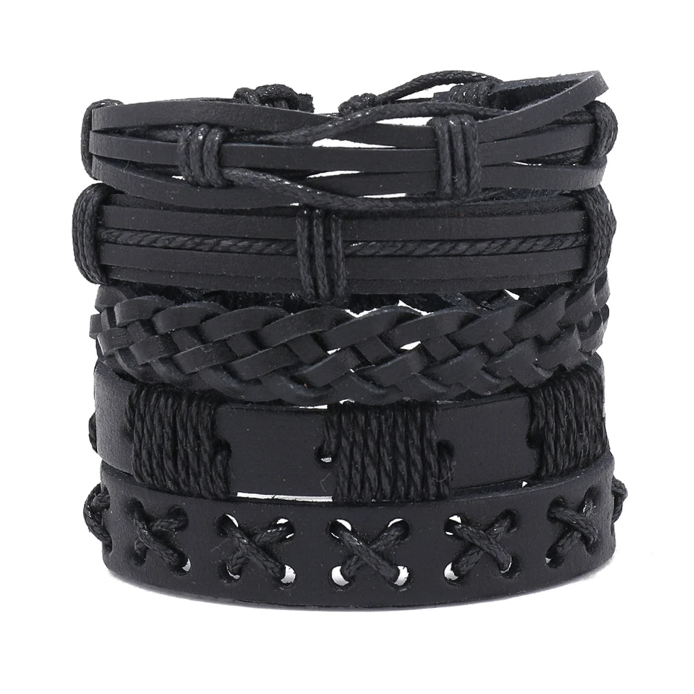 5pcs Unisex Punk Rock Leather Braid Bracelets - Adjustable & Stylish