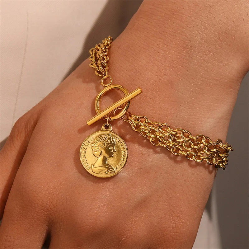 Trendy Gold & Silver Coin Charm Bracelet for Women & Girls - Adjustable Jewelry Gift