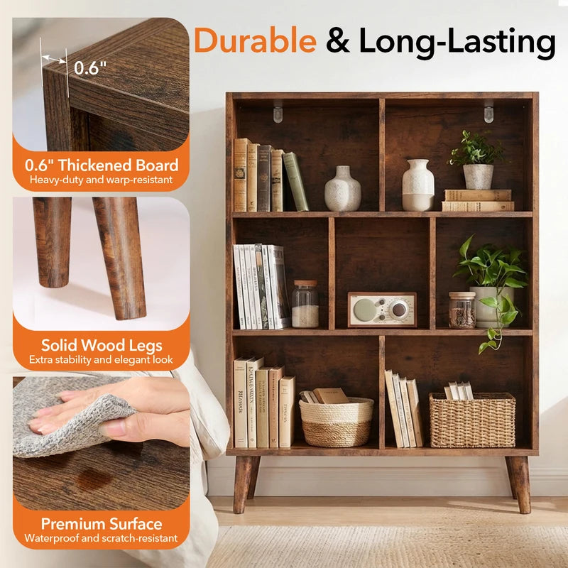 7 Cube Storage Organizer Bookshelf with Legs - Modern Wooden Display Shelf