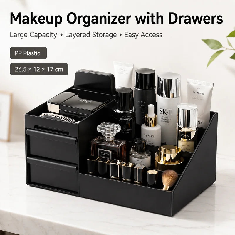 Desktop Makeup Organizer with Drawers - Black Cosmetic Storage Box for Vanity