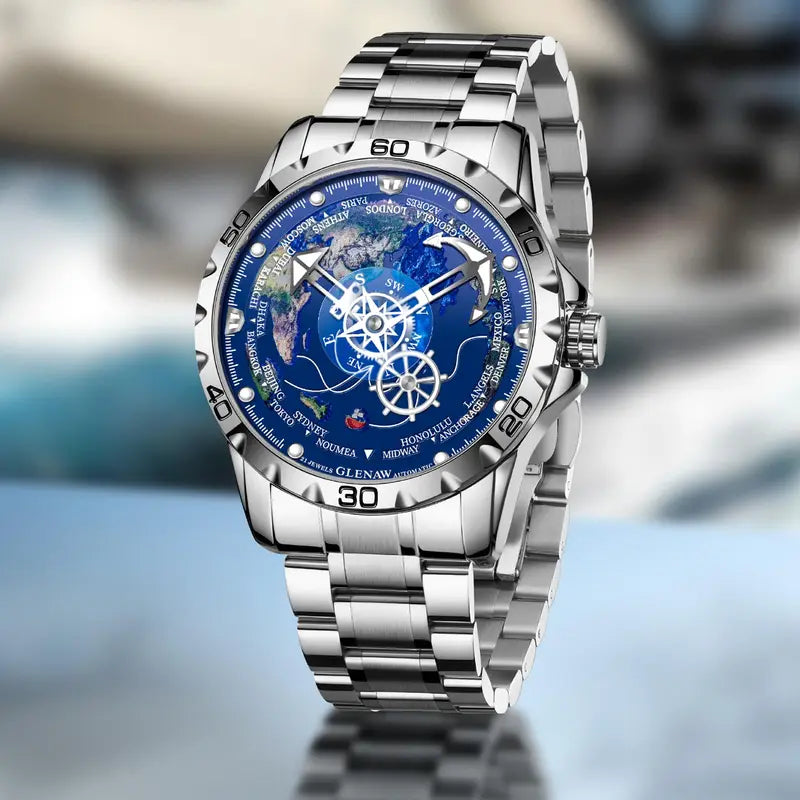 Automatic Mechanical Watch with Globe Dial for Men - Gold, Silver & Black Variants