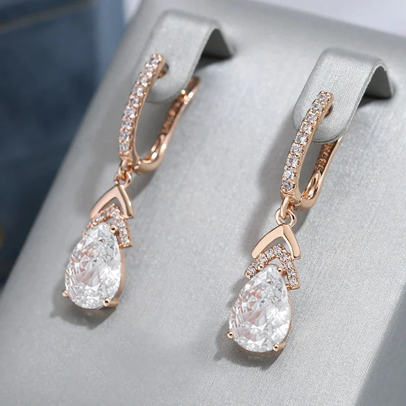 Elegant Long Drop Earrings with Zircon Stones in Rose Gold - Wedding & Bridal Jewelry